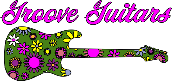 Logo for Groove Guitars with a guitar with a groovy flower print