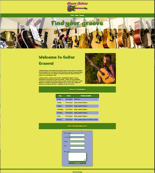  Website design for Guitar Groove featuring guitars in the header, welcome message with a photo of a woman playing guitar, hours of operation table, and a contact form