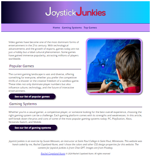Website design for Joystick Junkies featuring a gaming-themed layout with sections for popular games, gaming systems, and a header showcasing the website title.
