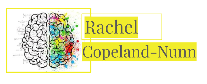 Logo featuring a colorful, artistic depiction of a brain on the left, symbolizing creativity and thought, with the name 'Rachel Copeland-Nunn' in bold yellow text on the right.