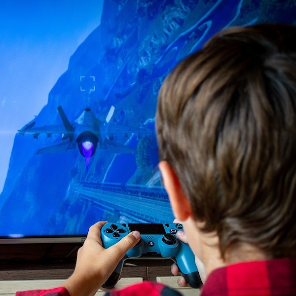 Child playing a video game with a blue controller, viewing a jet flying over mountainous terrain on a large screen.